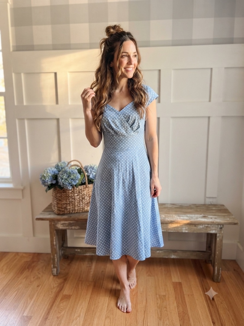 Polka Dot Light Blue Midi Dress with Draped Sweetheart Neckline Large